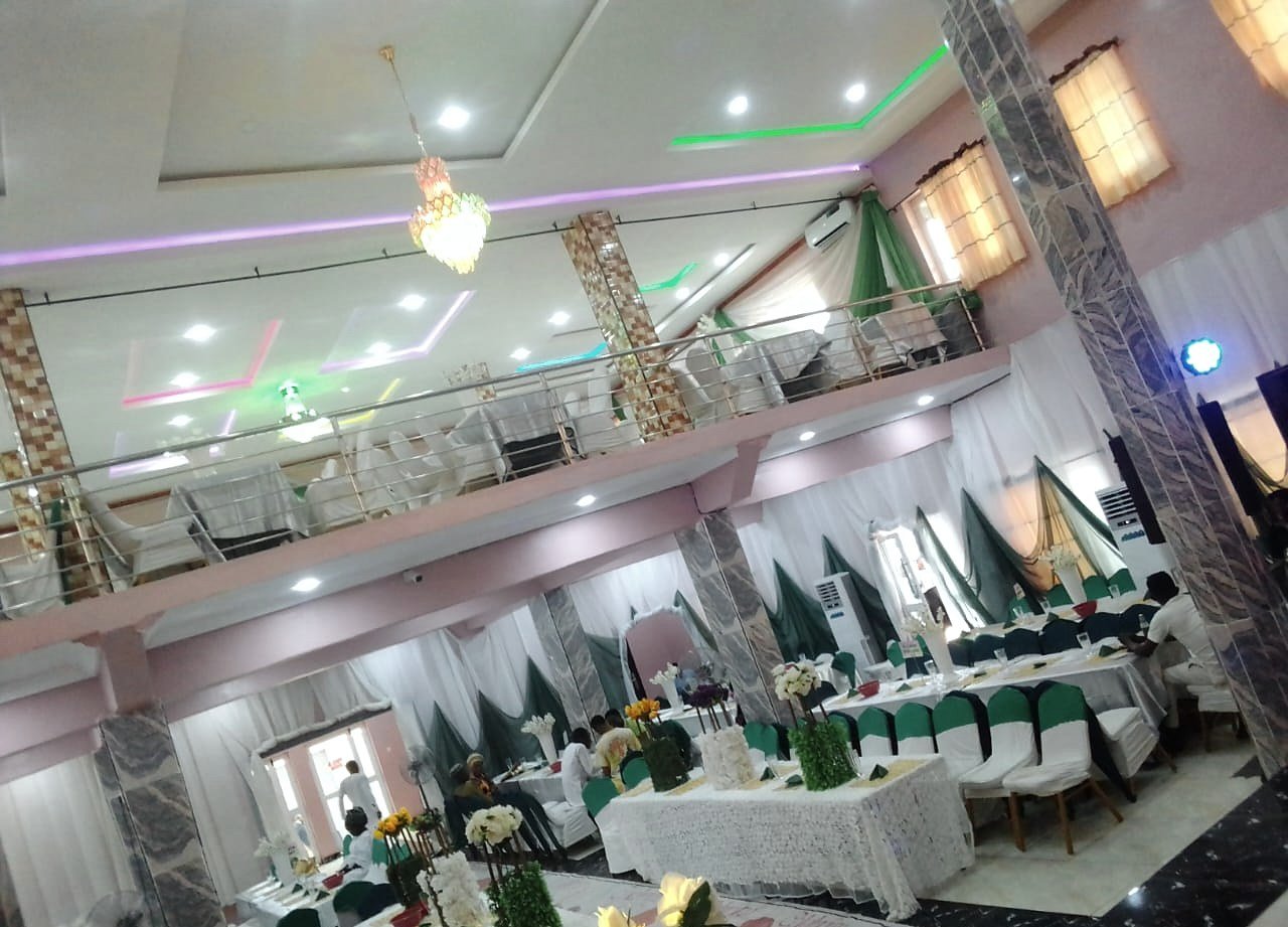 The hall at Ezeemabi Hub seen across its full width, set for a reception